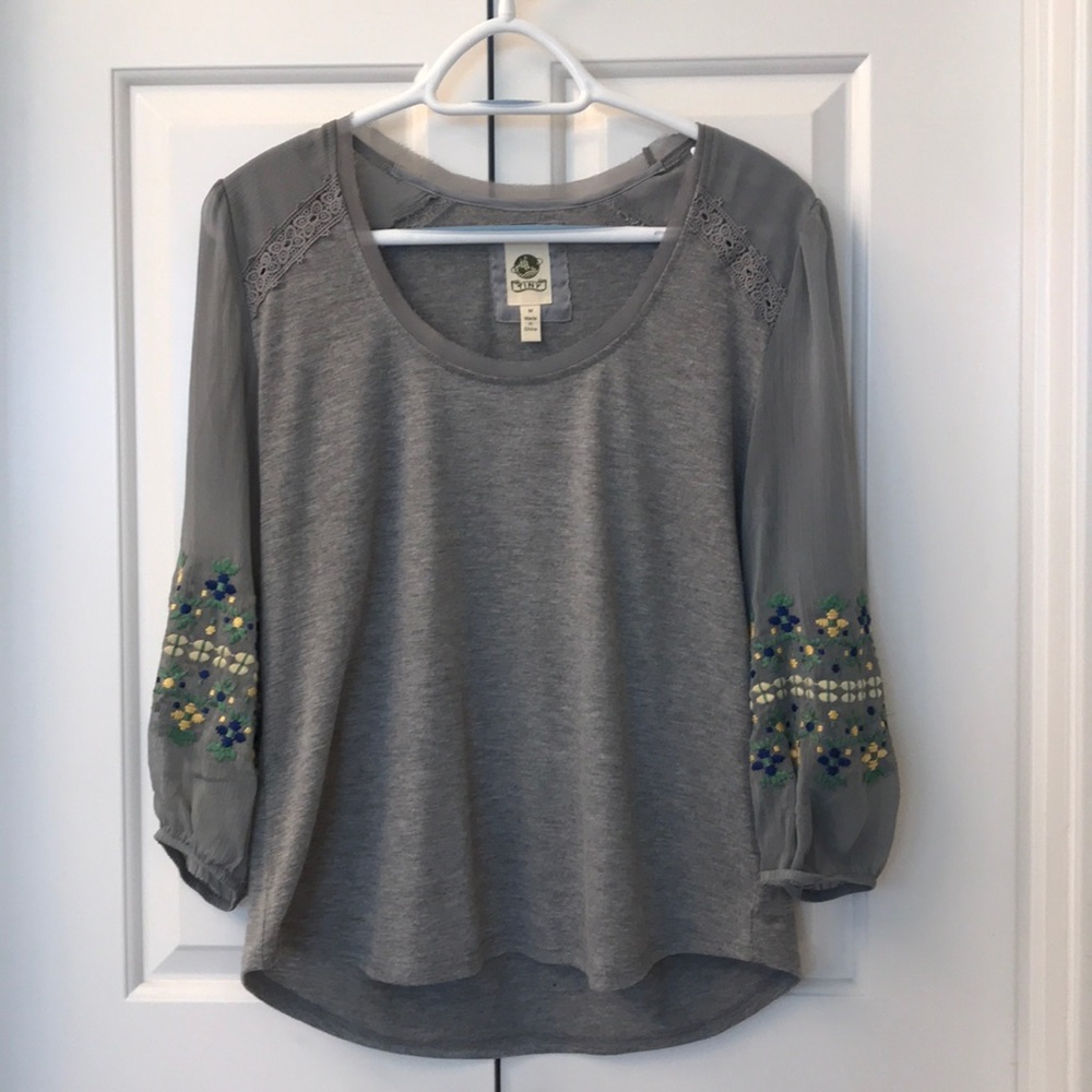 Anthro Top Sheer, Embroidered Sleeves CURRENT
